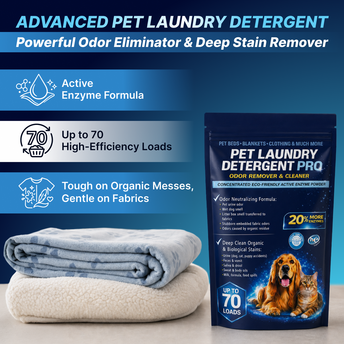 Pet Laundry Detergent Pro Enzyme Odor Remover - 70 Loads - Unscented